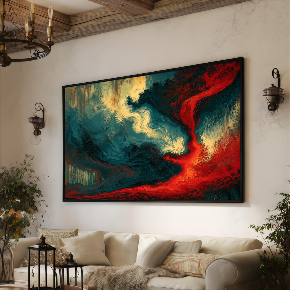 Dramatic Abstract Flow Canvas, Red and Blue Waves Wall Art, Modern Home Decoration, Fluid Art Canvas Print, Bold Colorful Wall Hanging