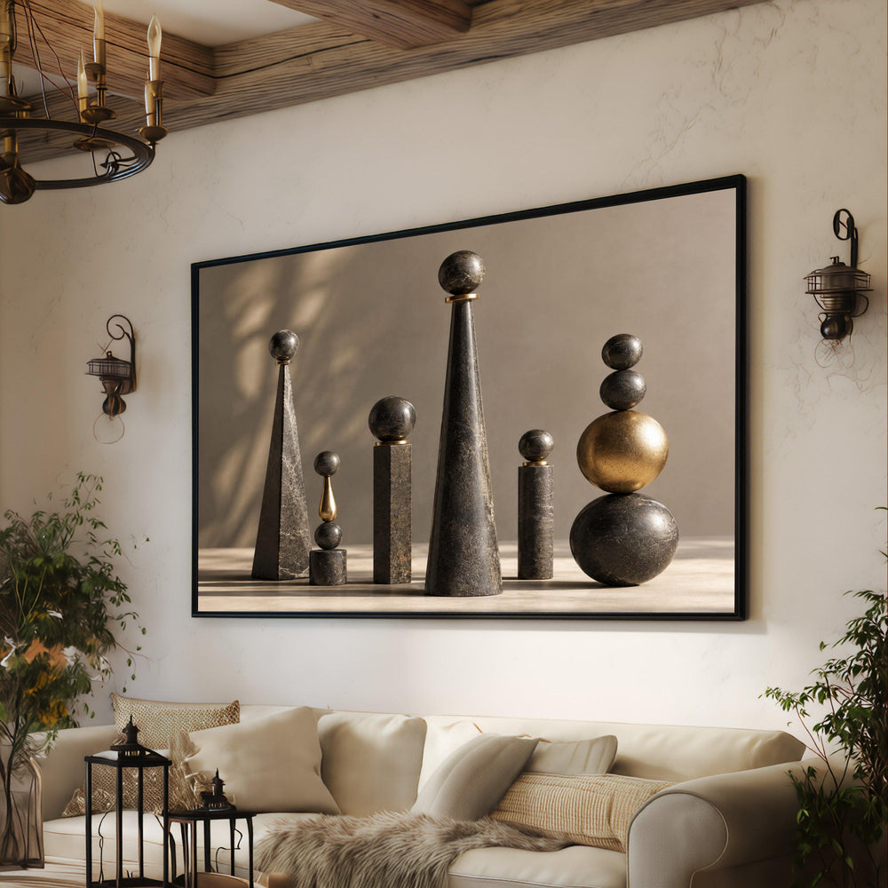 Modern Abstract Geometric Shapes Canvas, Minimalist Sculpture Art Print, Contemporary Decorative Wall Art, Black and Gold Home Decor Canvas