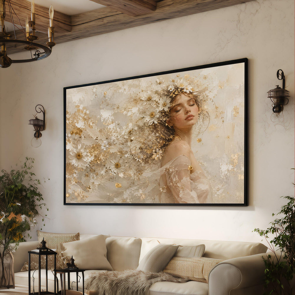 Ethereal Woman with Floral Crown Canvas, Delicate Flowers Wall Art, Soft Neutral Tones Canvas, Romantic Portrait Decoration, Elegant Home