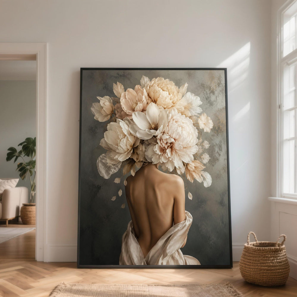 Elegant Woman Back with Large Floral Bouquet Canvas, Nude Figure Art, Soft Neutral Tones, Feminine Wall Decor, Modern Home Decoration