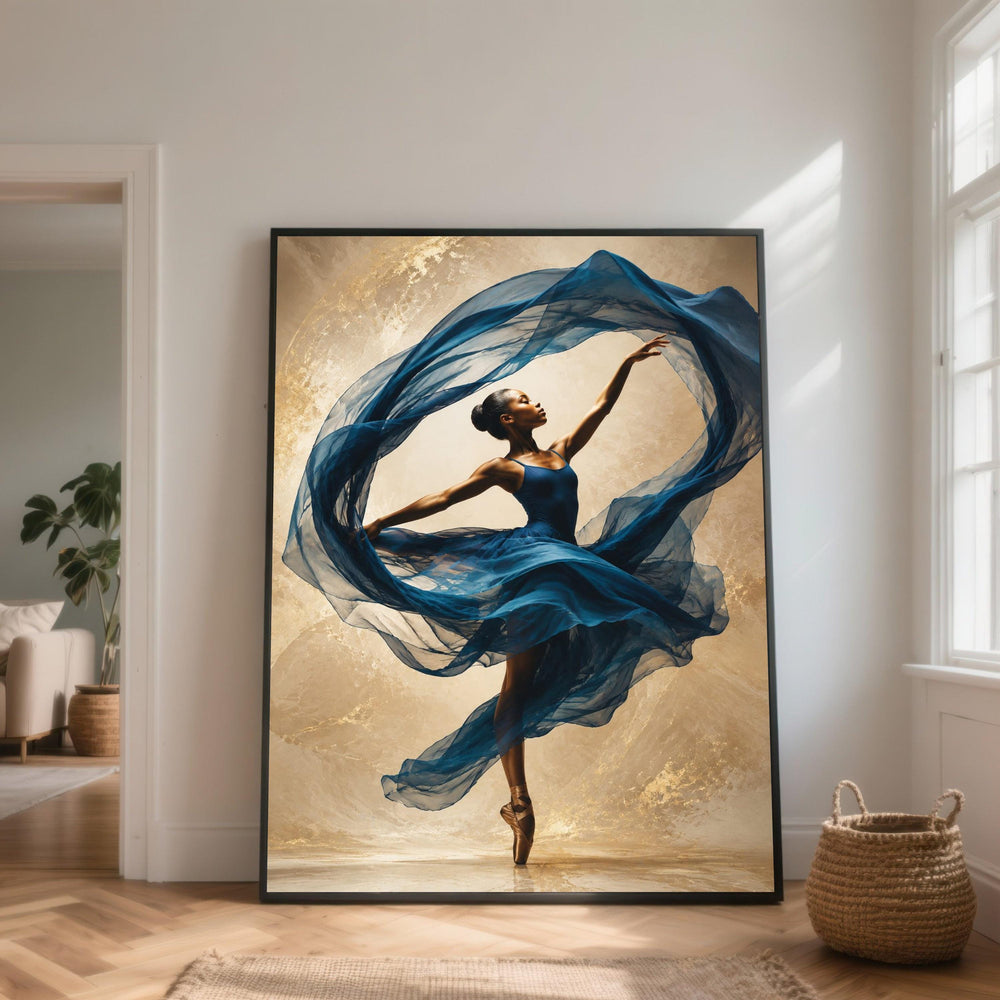 Elegant Ballerina Dance Canvas, Blue Dress Movement Art, Graceful Ballet Wall Decor, Poised Dance Canvas, Home Art Display