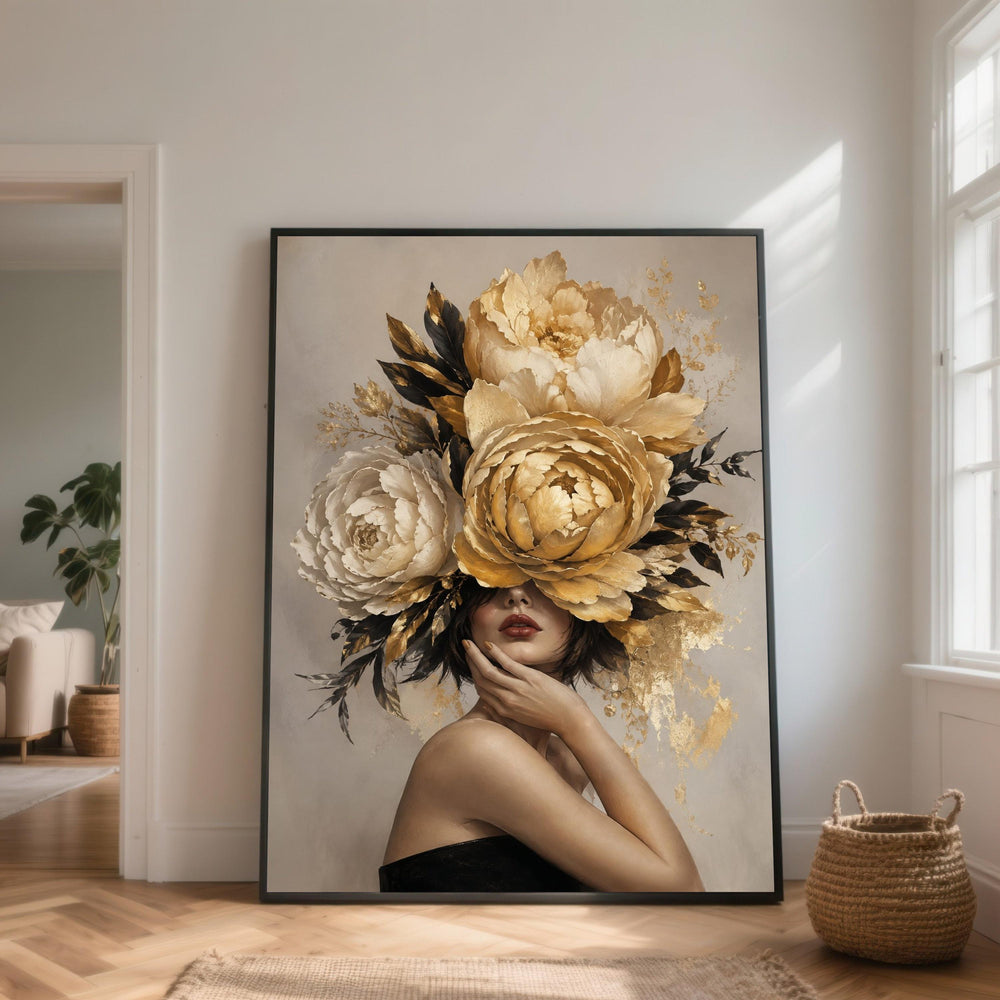 Elegant Woman with Large Floral Hat Canvas, Golden Peony Wall Art, Feminine Portrait Canvas, Modern Botanical Decoration, Glamour Home Art