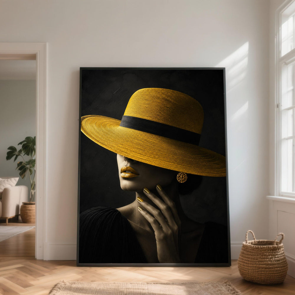 Elegant Woman with Yellow Hat Canvas Wall Art, Fashion Portrait Print, Stylish Wall Decor, Modern Home Decoration, Chic Canvas Artwork