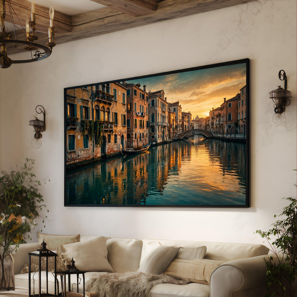 Venetian Canal Sunset Canvas, Historic Venice Architecture, Gondola Waterway Art, Italian Cityscape Wall Decor, Warm Evening Light Painting