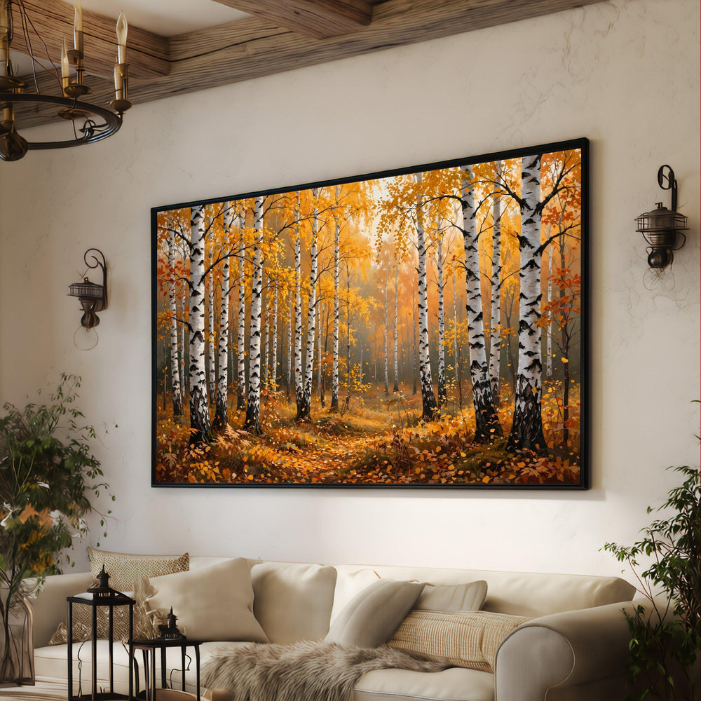 Autumn Birch Forest Canvas, Golden Leaves Wall Art, Fall Landscape Canvas, Nature Woodland Decor, Ready to Hang Canvas Art