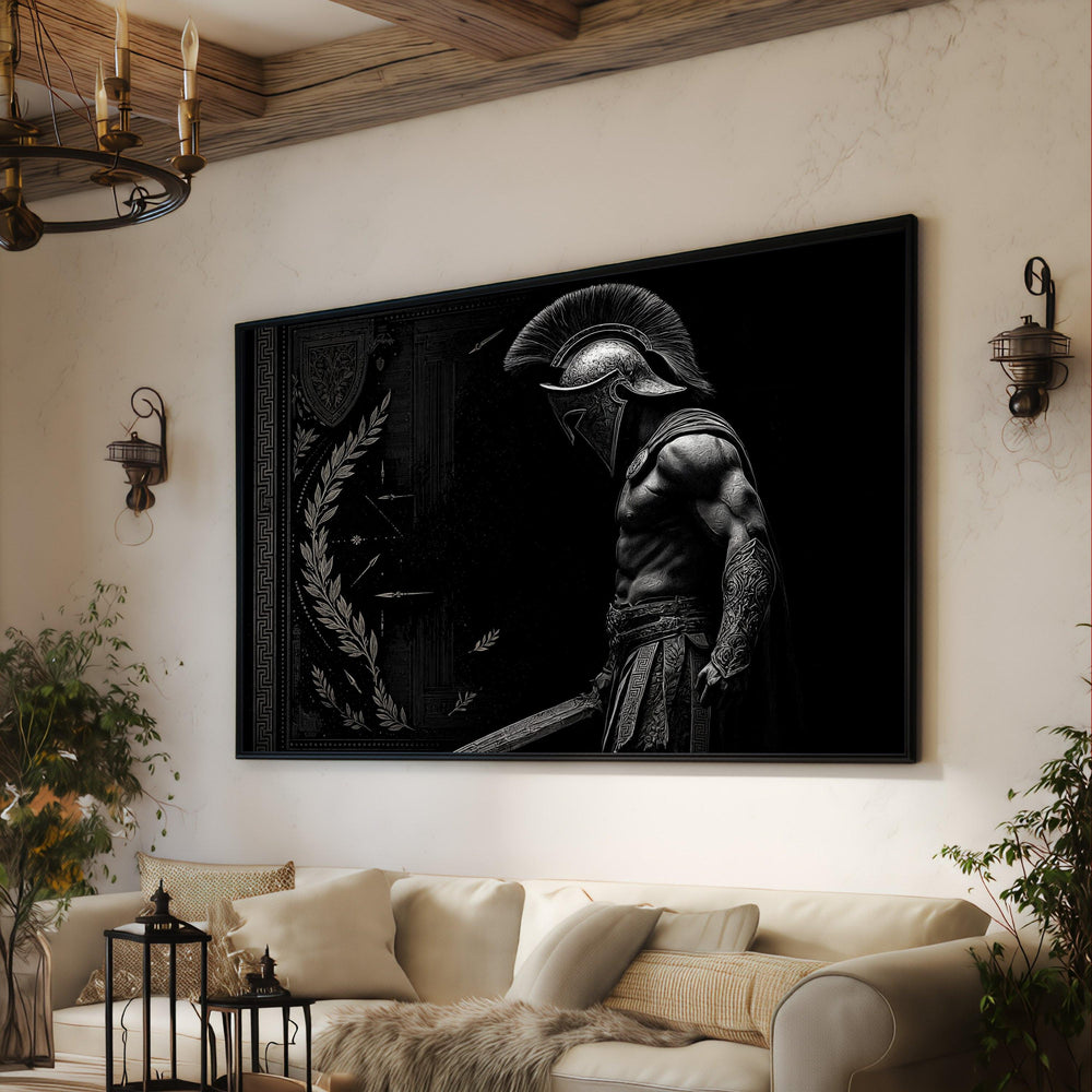 Ancient Spartan Warrior Canvas, Greek Helmet Art, Historical Warrior Illustration, Black Background Wall Art, Mythical Hero Decor