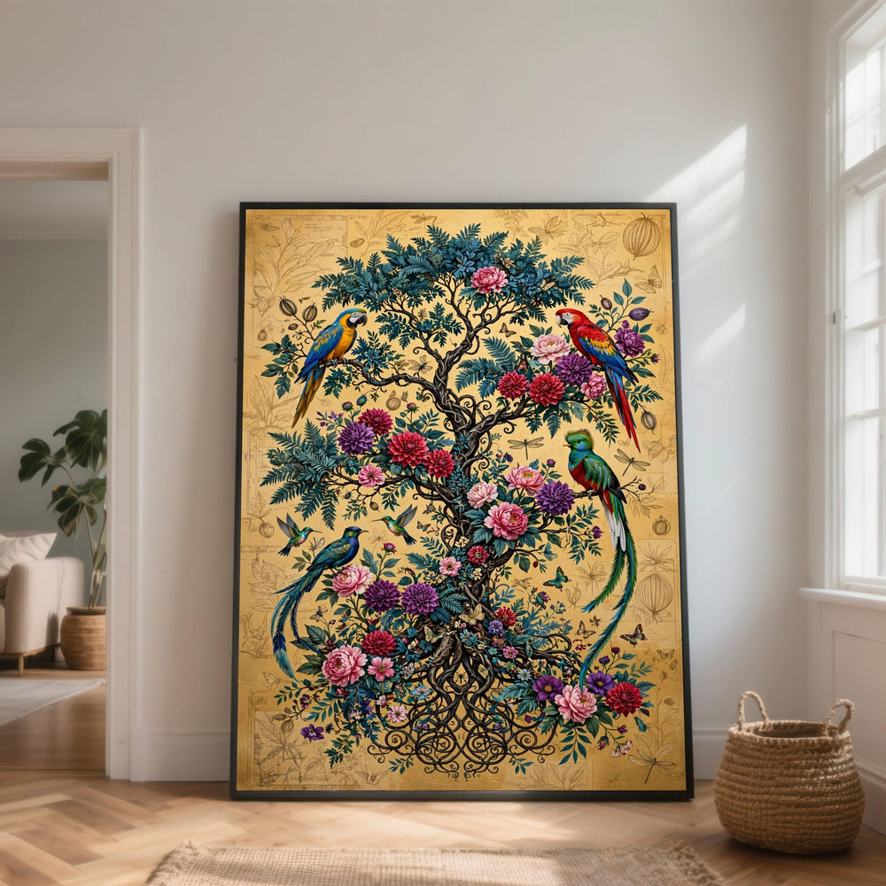 Exotic Tropical Birds and Floral Tree Canvas, Colorful Parrot Wall Art, Botanical Nature Canvas, Vibrant Garden Decor, Living Room Wall