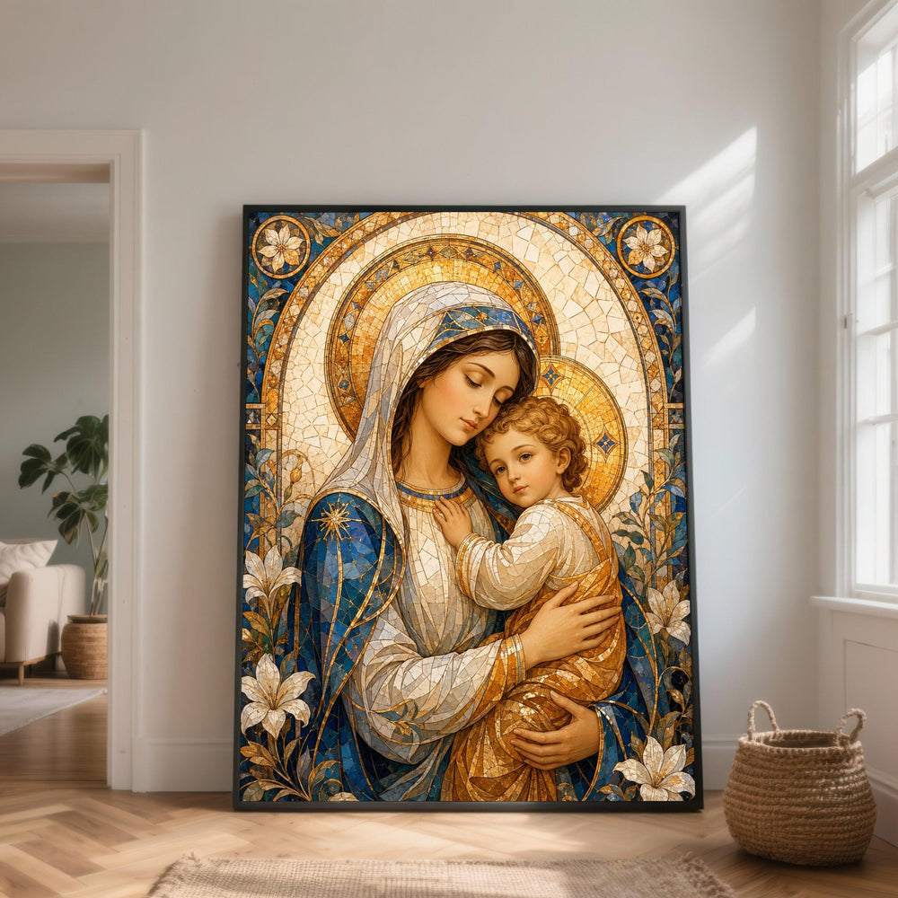 Madonna and Child Canvas Wall Art, Religious Mosaic Design, Mary and Baby Jesus Artwork, Spiritual Home Decoration, Classic Christian Canvas