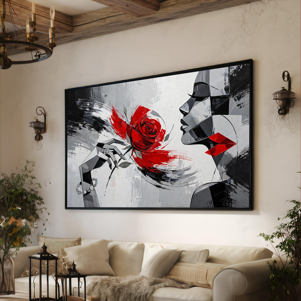 Modern Abstract Woman with Red Rose Canvas Wall Art, Black White Red Home Decor, Contemporary Floral Portrait Painting, Expressive Face