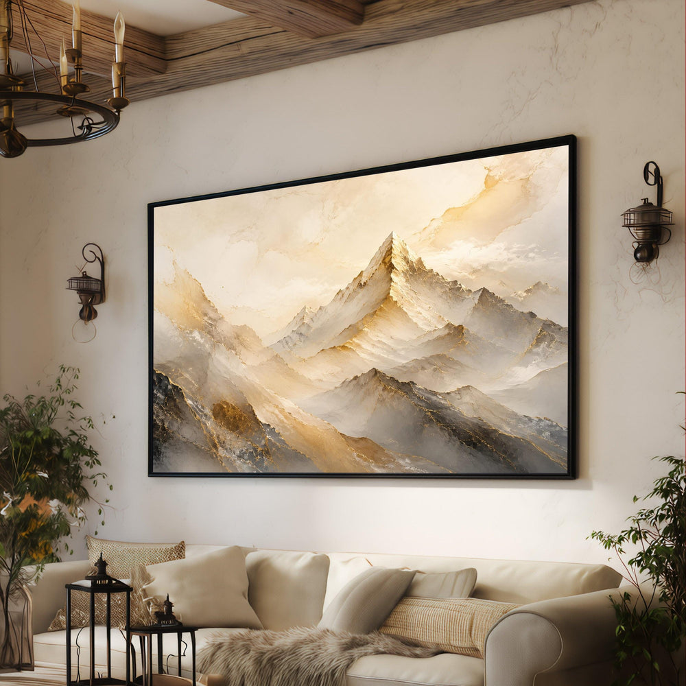 Golden Mountain Peaks Canvas, Abstract Landscape Wall Art, Neutral Tones Mountain Scene, Modern Home Decoration, Nature Canvas Art
