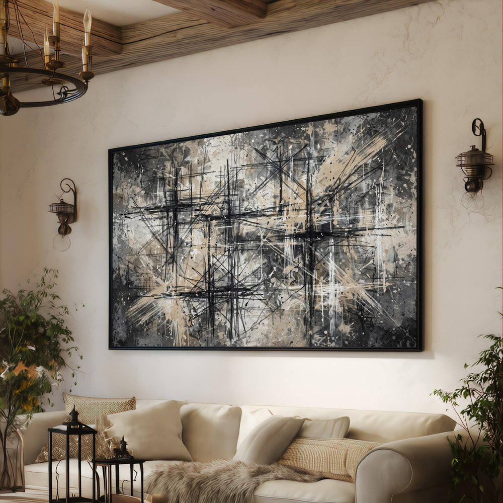 Contemporary Black and Beige Abstract Canvas, Modern Geometric Wall Art, Urban Chic Home Decoration, Neutral Tones Canvas Print