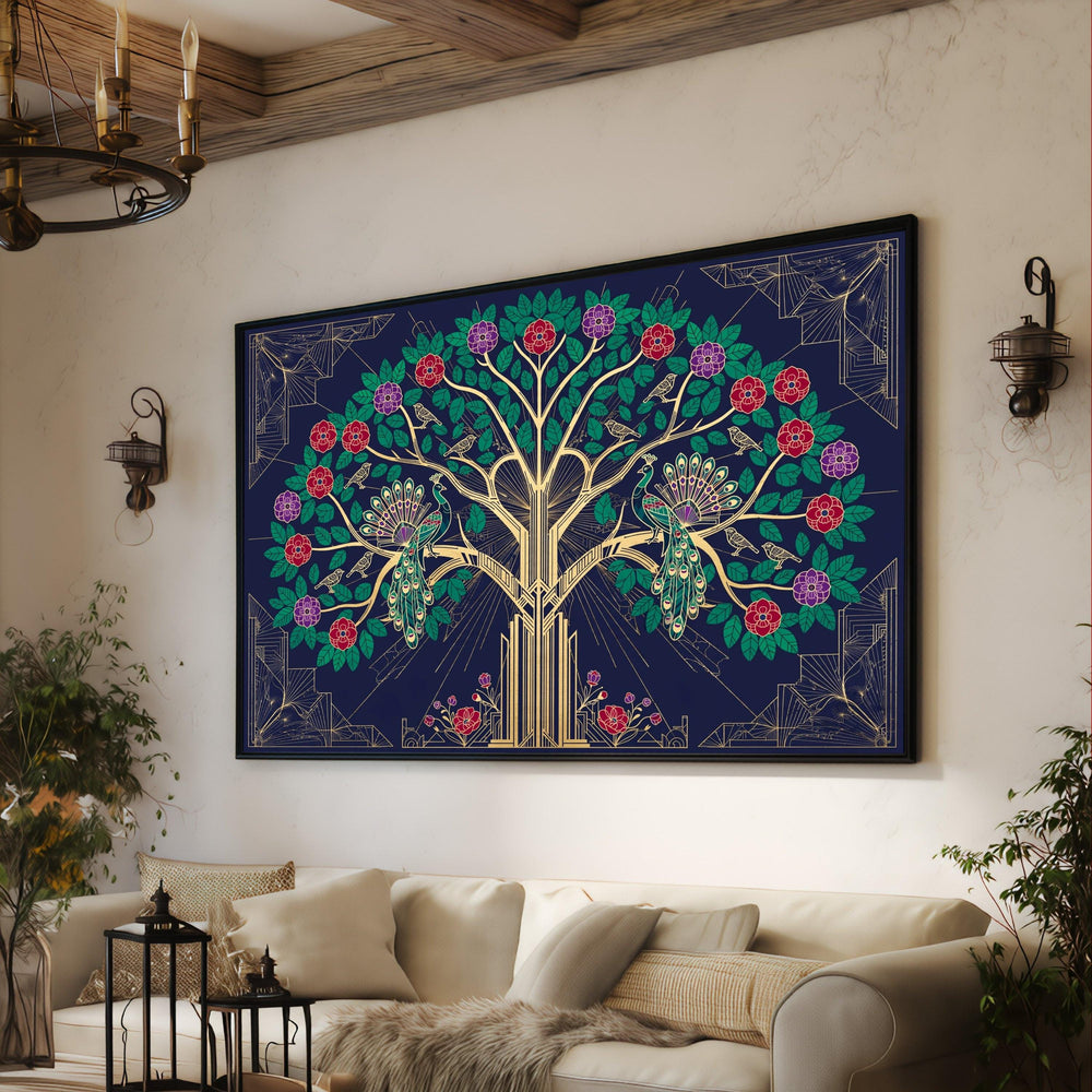 Elegant Peacock Tree Canvas, Art Deco Floral Wall Art, Ornate Bird and Flower Design, Gold and Navy Blue Canvas, Home Decoration