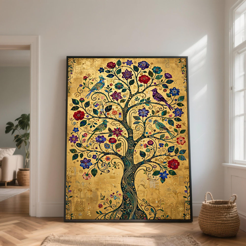 Ornate Tree of Life Canvas, Vibrant Birds and Flowers Wall Art, Gold Background Decorative Canvas, Nature Home Decor, Elegant Botanical