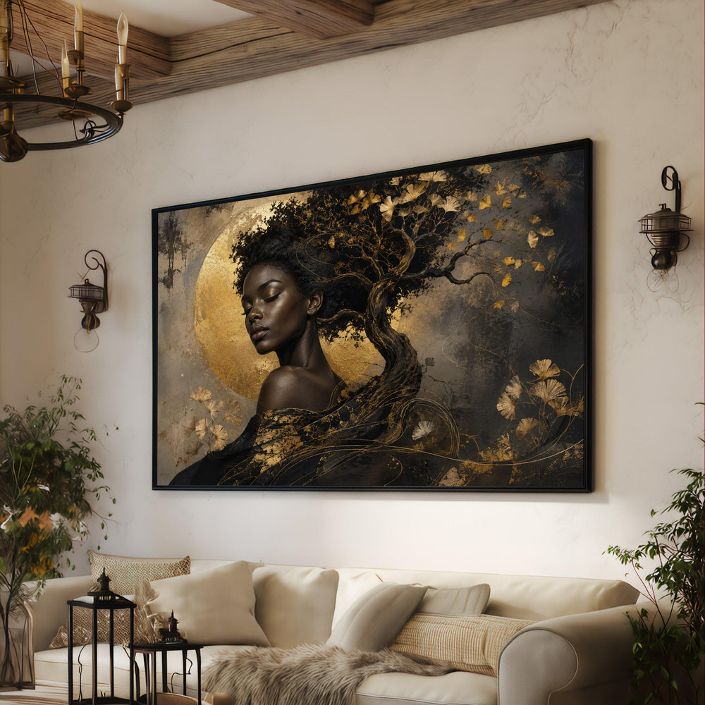 Elegant African Woman Canvas, Golden Tree of Life, Fantasy Portrait Wall Art, Dark Glamour Decor, Modern Canvas Painting