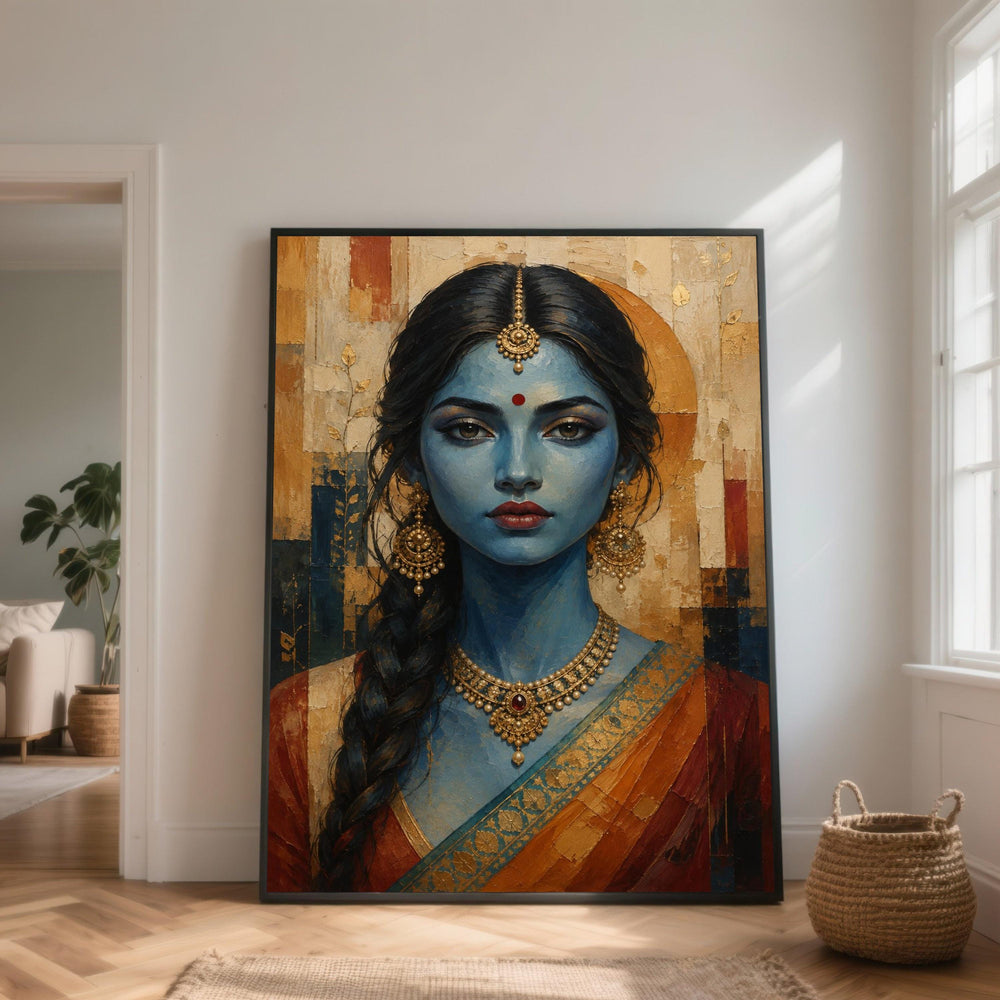 Blue Goddess Portrait Canvas, Indian Woman Art, Ethnic Jewelry Wall Art, Traditional Dress Canvas, Cultural Home Decoration