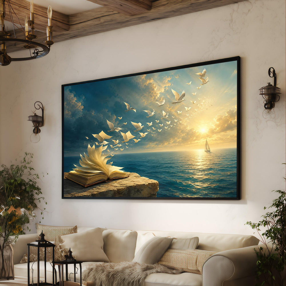 Open Book with Flying Doves, Inspirational Ocean Canvas, Sunset Sea Wall Art, Imaginative Surreal Canvas, Home Decor Artwork