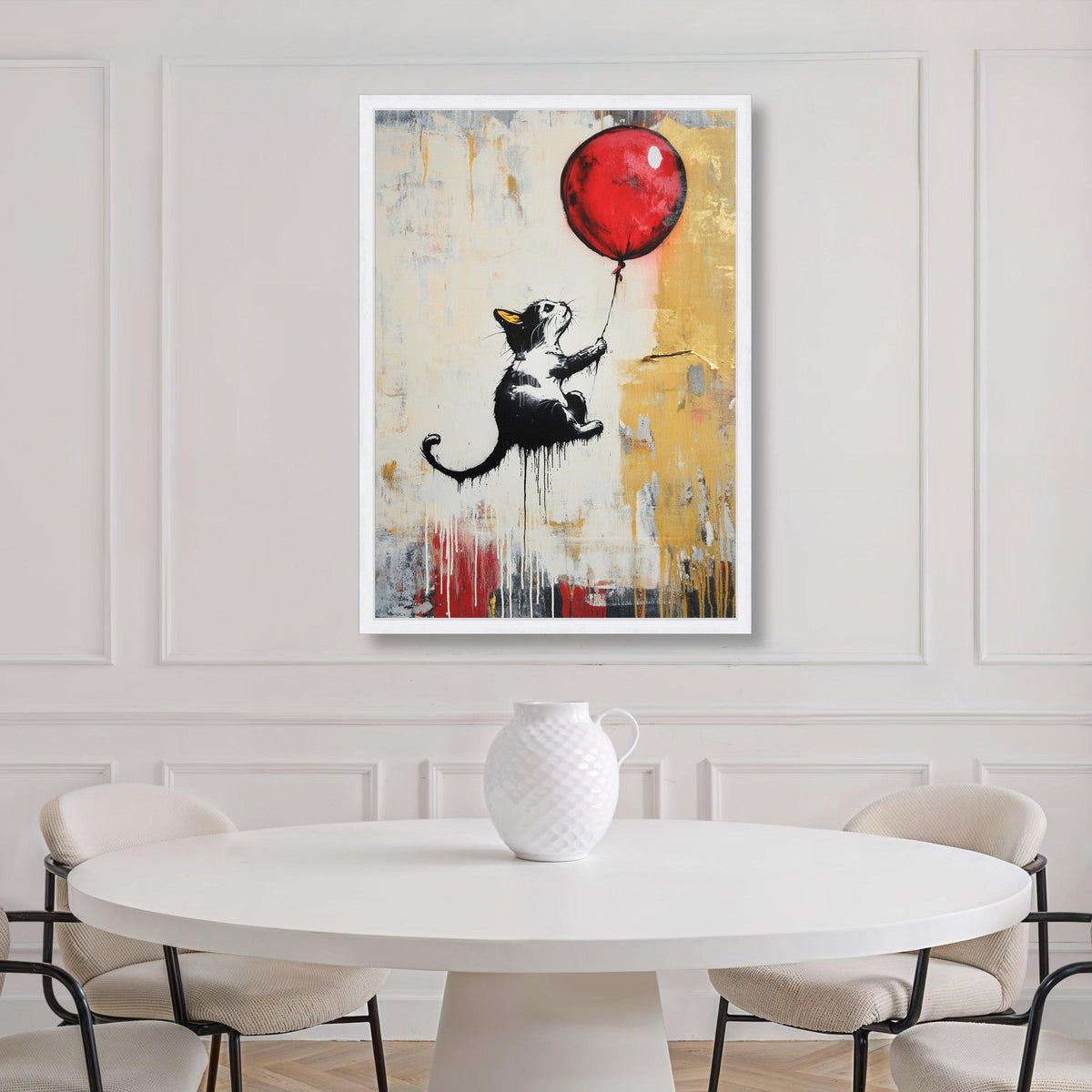 Playful Cat with Red Balloon Canvas, Street Art, Urban Animal Decor