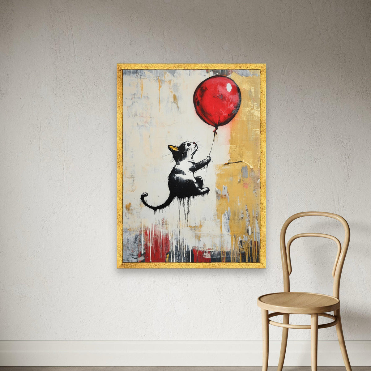 Playful Cat with Red Balloon Canvas, Street Art, Urban Animal Decor