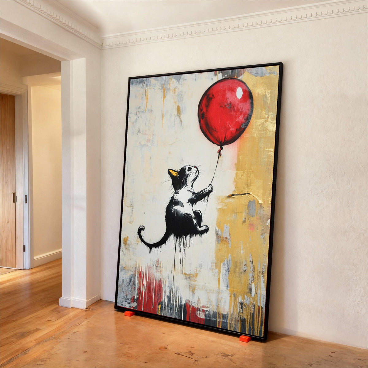 Playful Cat with Red Balloon Canvas, Street Art, Urban Animal Decor