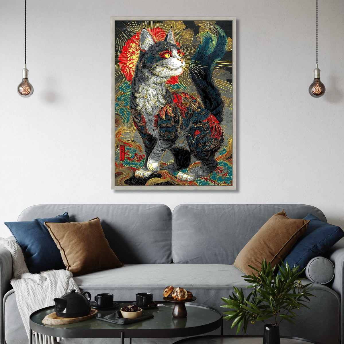 Majestic Cat Canvas Print, Oriental Feline, Asian Style Wall Art