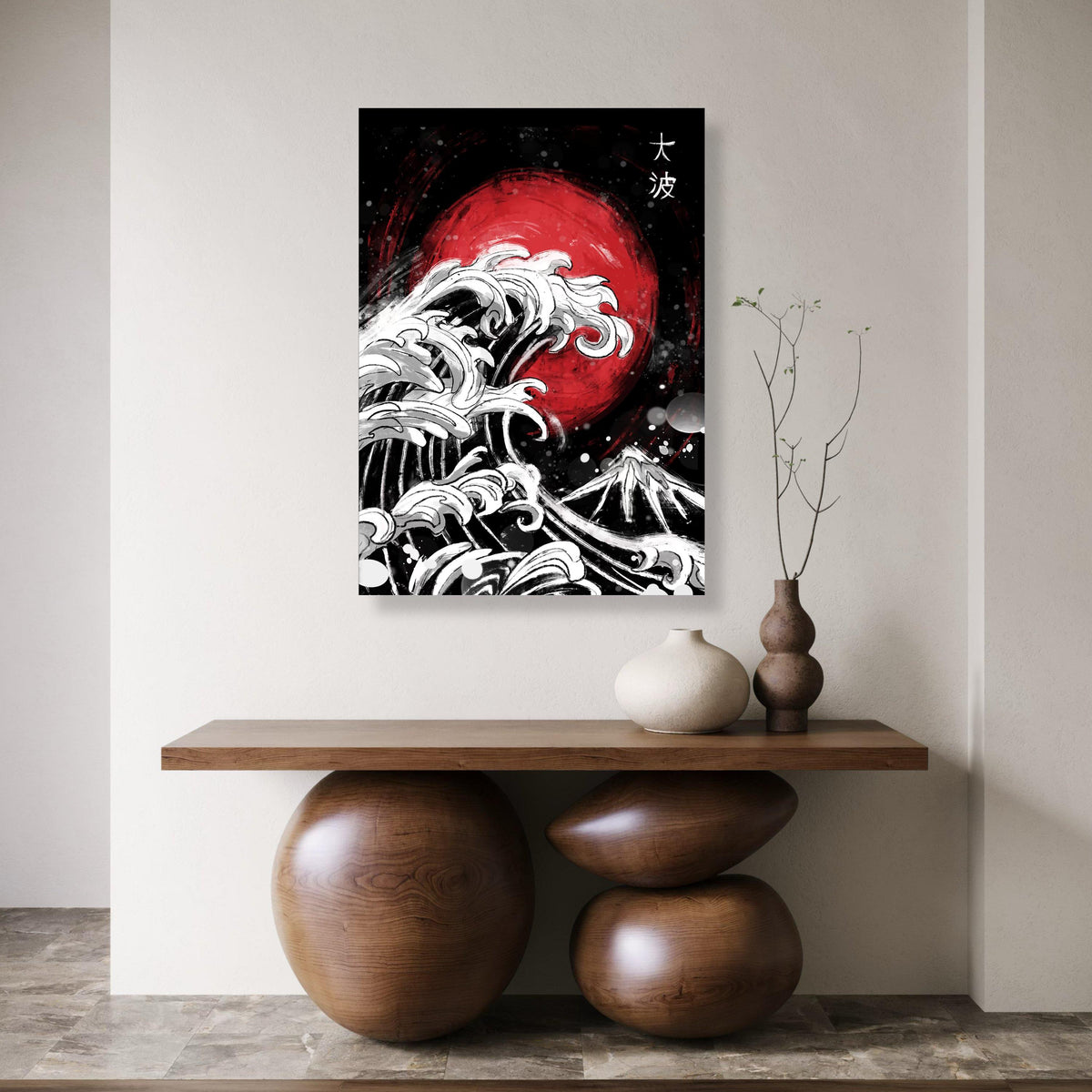 Japanese Wave Canvas Art, Red Sun, Mount Fuji, Asian Decor