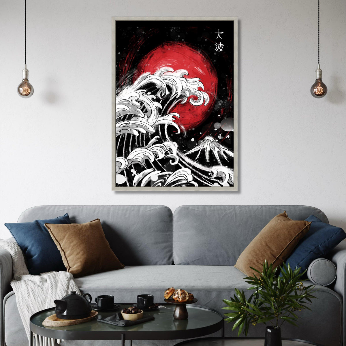 Japanese Wave Canvas Art, Red Sun, Mount Fuji, Asian Decor