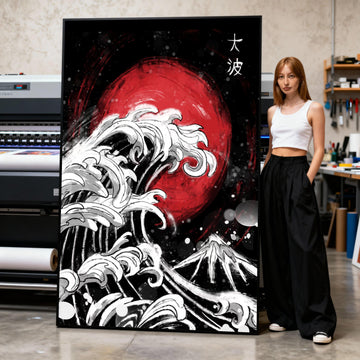 Japanese Wave Canvas Art, Red Sun, Mount Fuji, Asian Decor