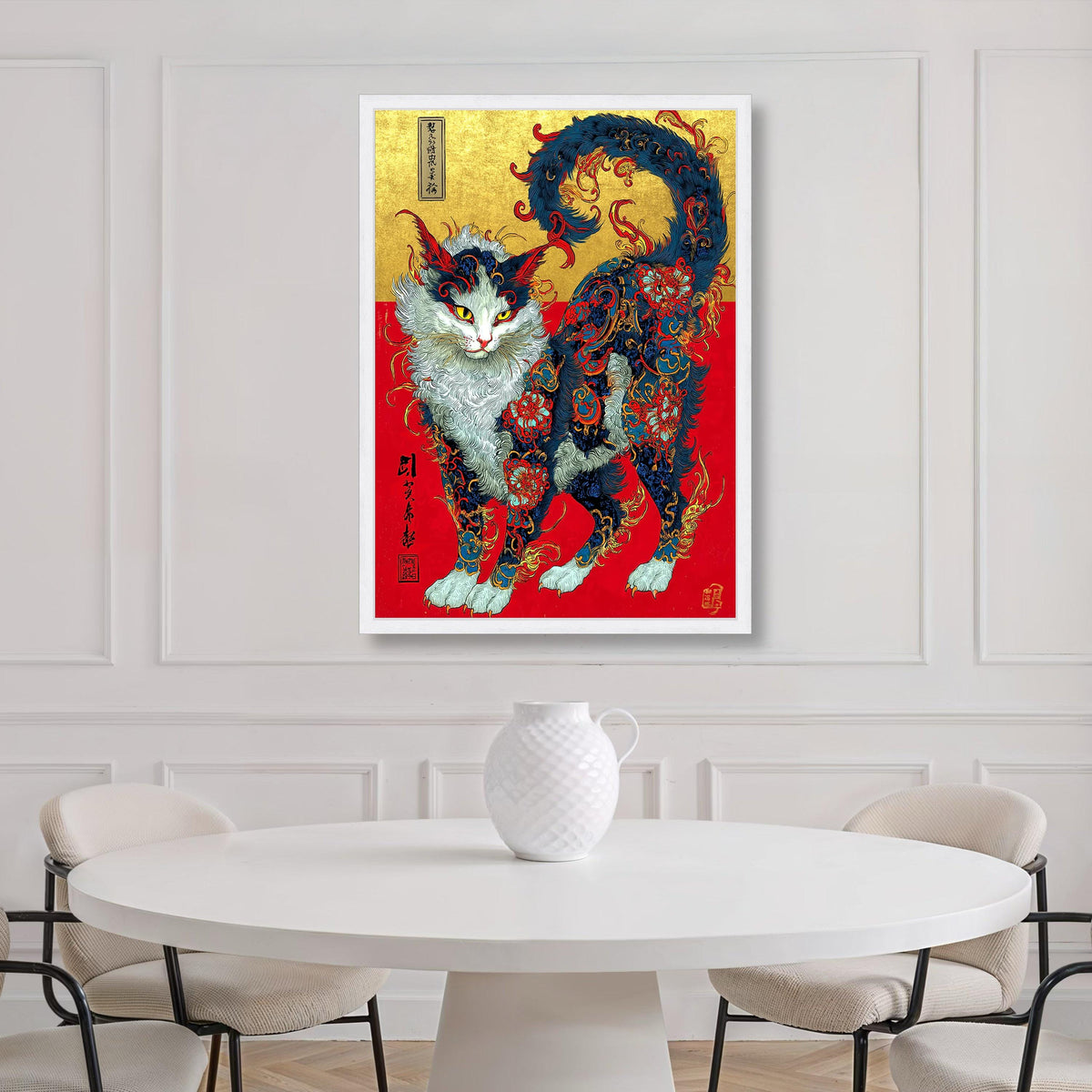 Mythical Feline Canvas Print, Asian Floral Cat Art
