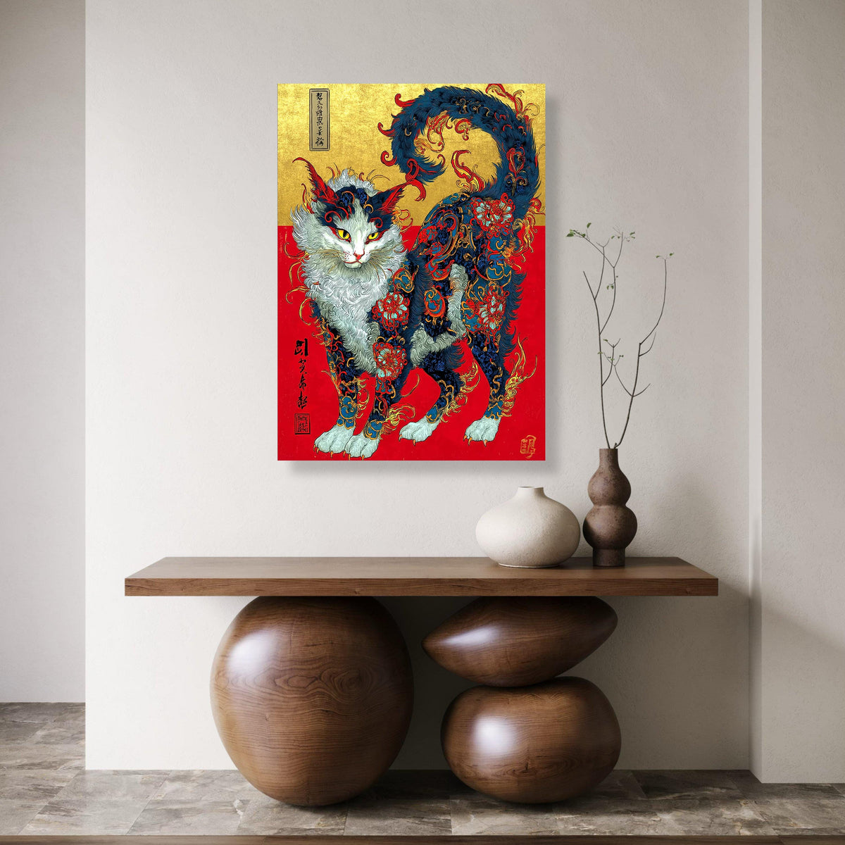 Mythical Feline Canvas Print, Asian Floral Cat Art