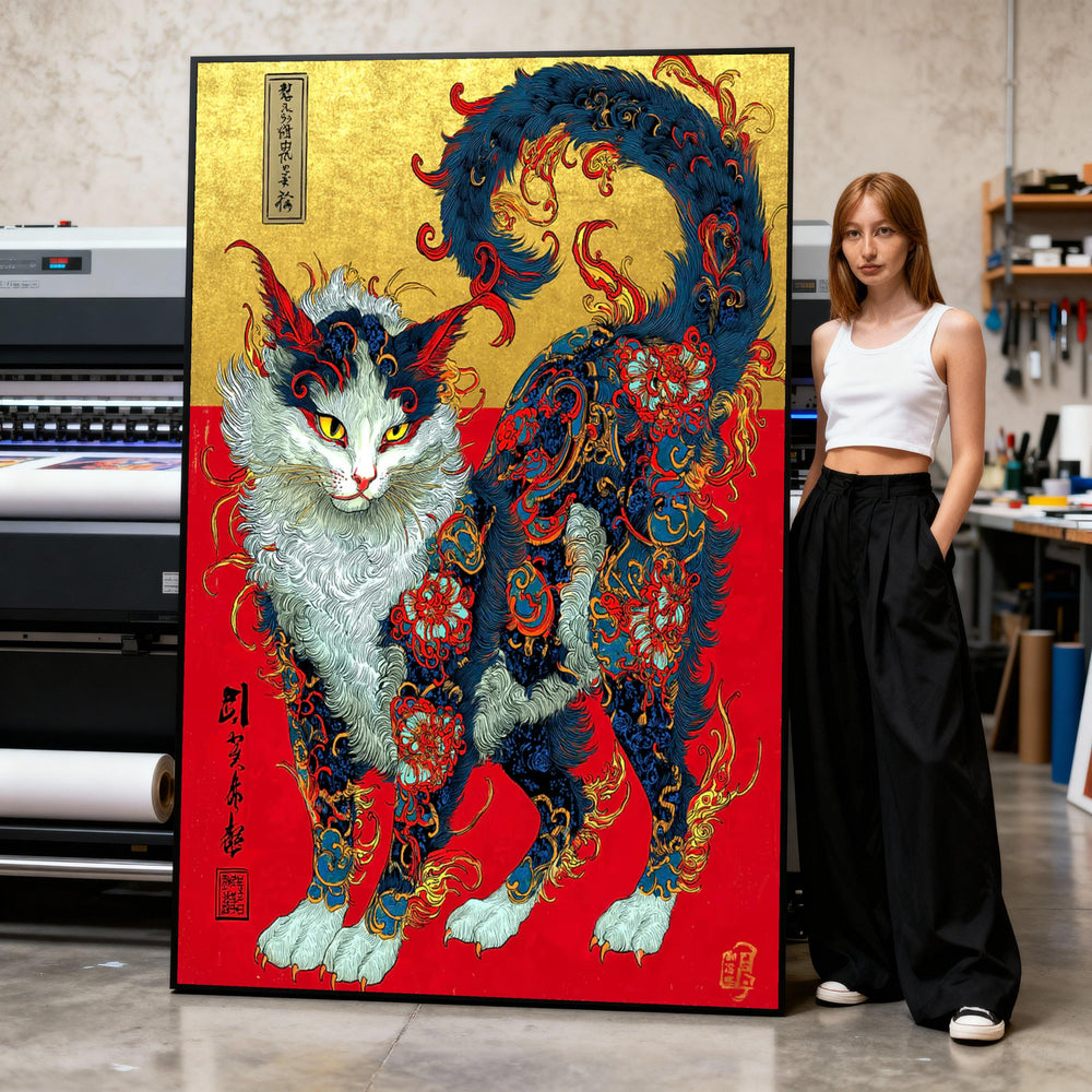 Mythical Feline Canvas Print, Asian Floral Cat Art