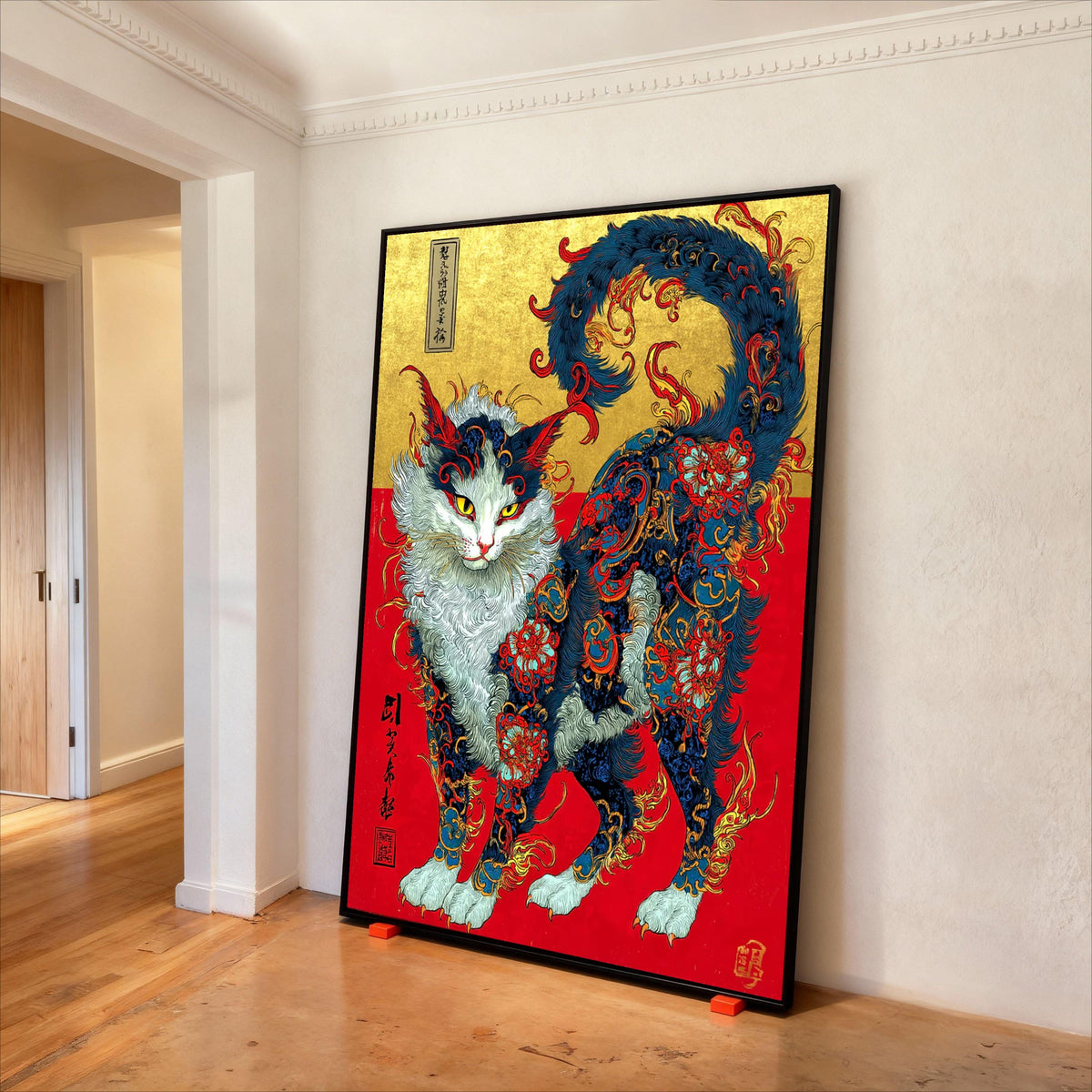 Mythical Feline Canvas Print, Asian Floral Cat Art