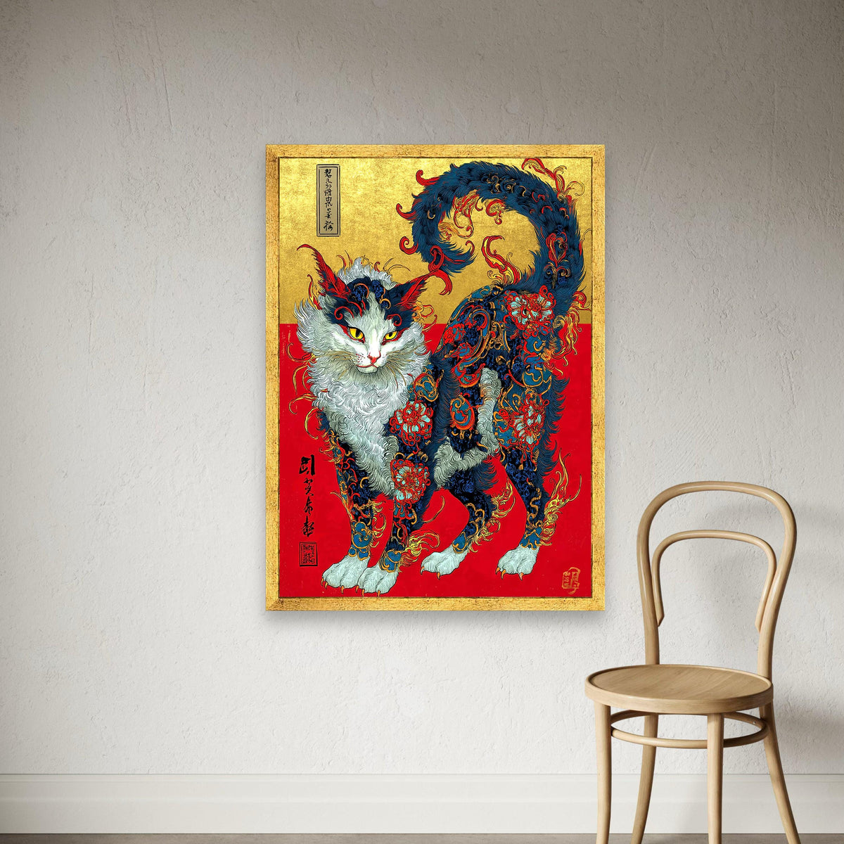 Mythical Feline Canvas Print, Asian Floral Cat Art