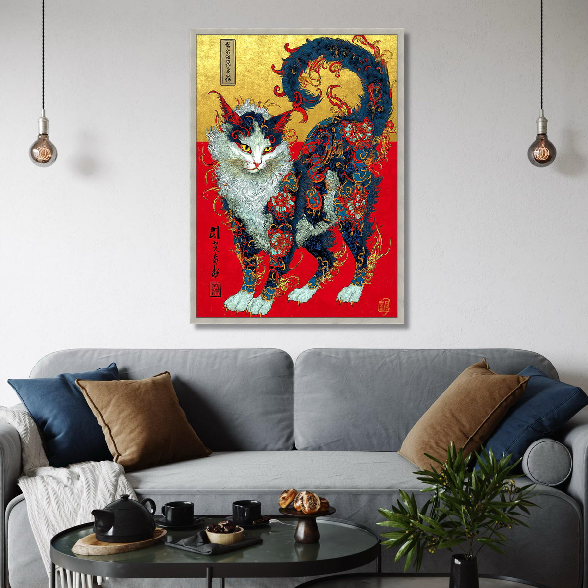 Mythical Feline Canvas Print, Asian Floral Cat Art
