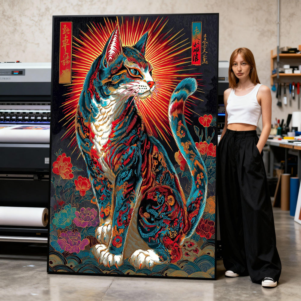 Floral Tattoo Cat Canvas Art, Colorful Asian Home Decor