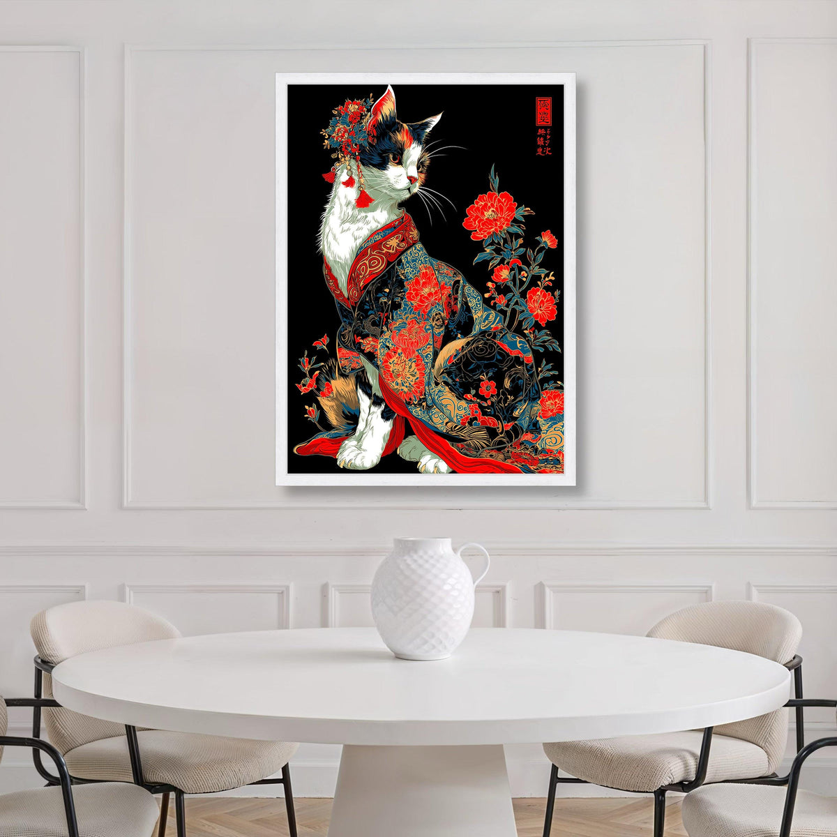 Oriental Cat Canvas Art, Japanese Kimono, Floral Asian Decor