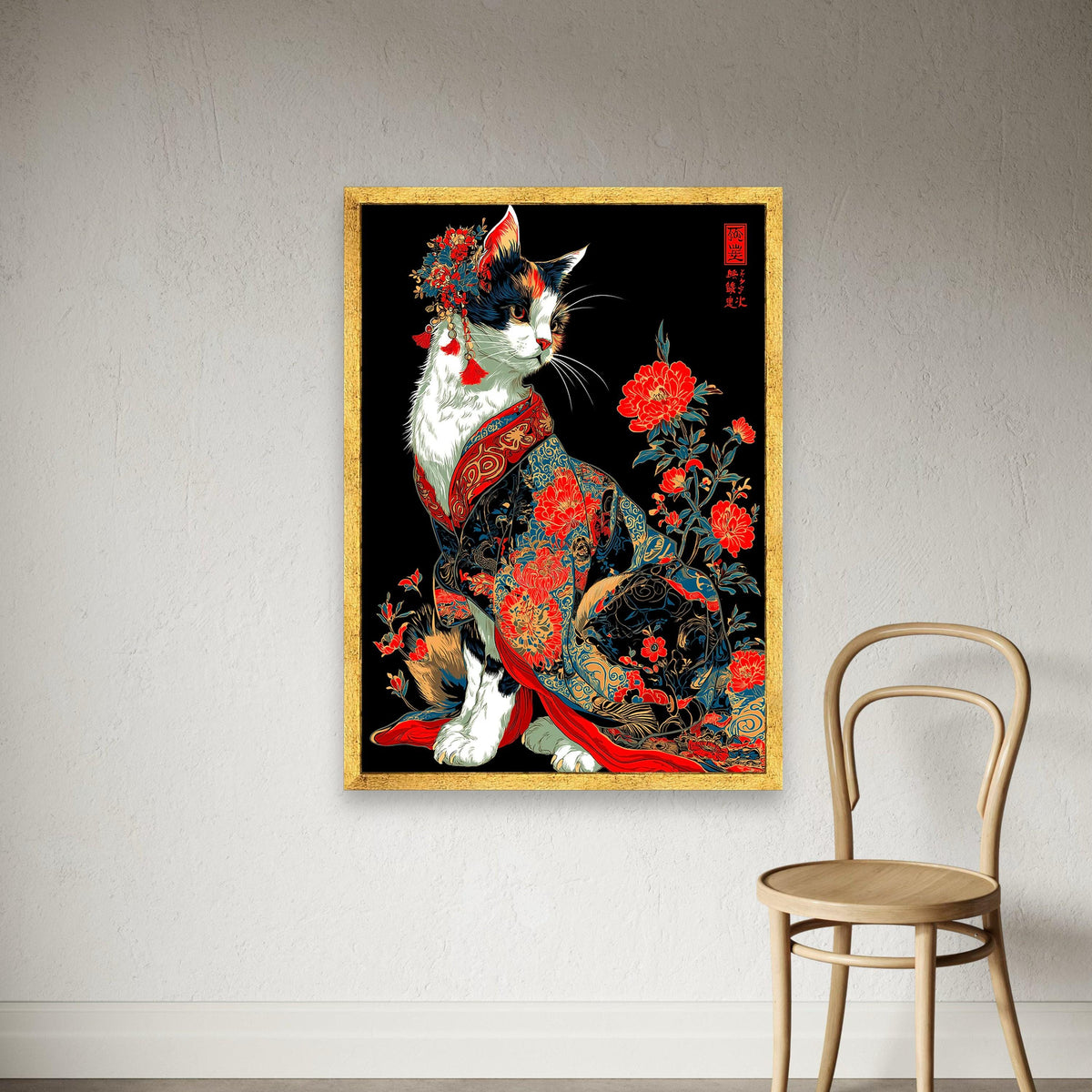 Oriental Cat Canvas Art, Japanese Kimono, Floral Asian Decor