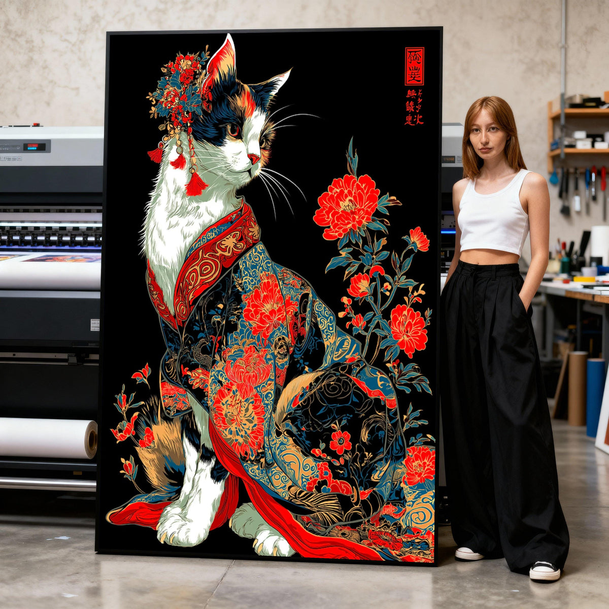 Oriental Cat Canvas Art, Japanese Kimono, Floral Asian Decor
