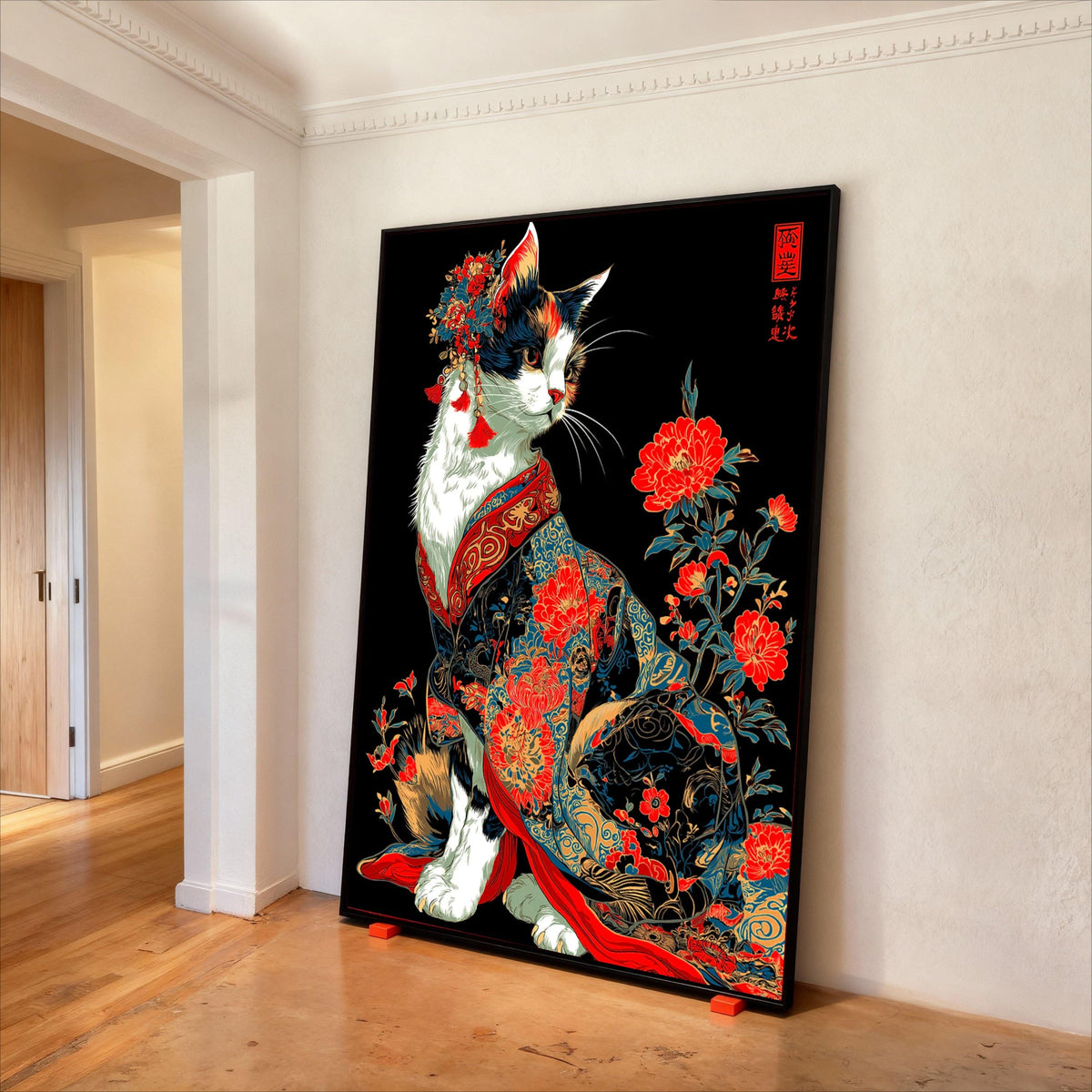 Oriental Cat Canvas Art, Japanese Kimono, Floral Asian Decor