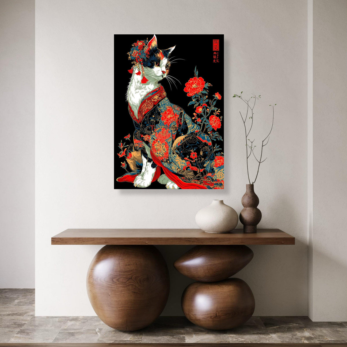 Oriental Cat Canvas Art, Japanese Kimono, Floral Asian Decor
