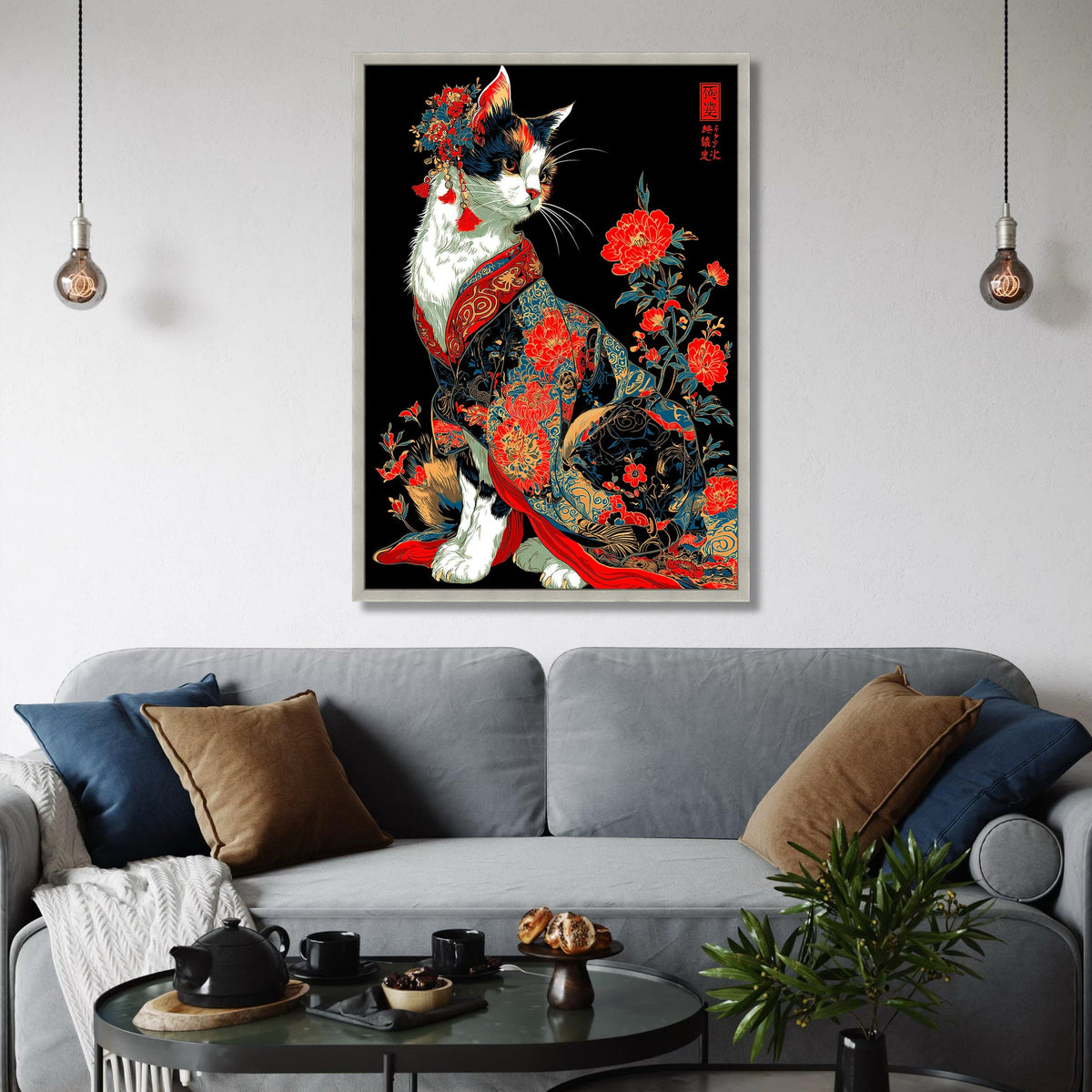 Oriental Cat Canvas Art, Japanese Kimono, Floral Asian Decor