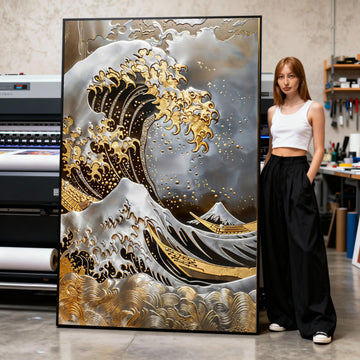 Golden Wave Canvas Print, Japanese Seascape Art, Modern Metallic Home Decor