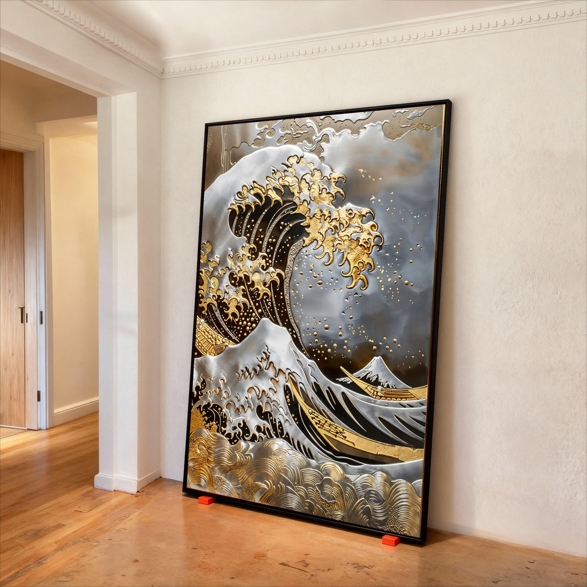 Golden Wave Canvas Print, Japanese Seascape Art, Modern Metallic Home Decor