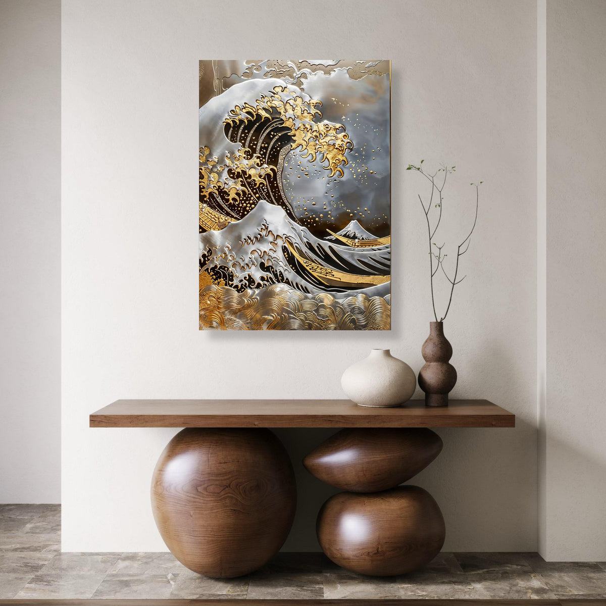 Golden Wave Canvas Print, Japanese Seascape Art, Modern Metallic Home Decor