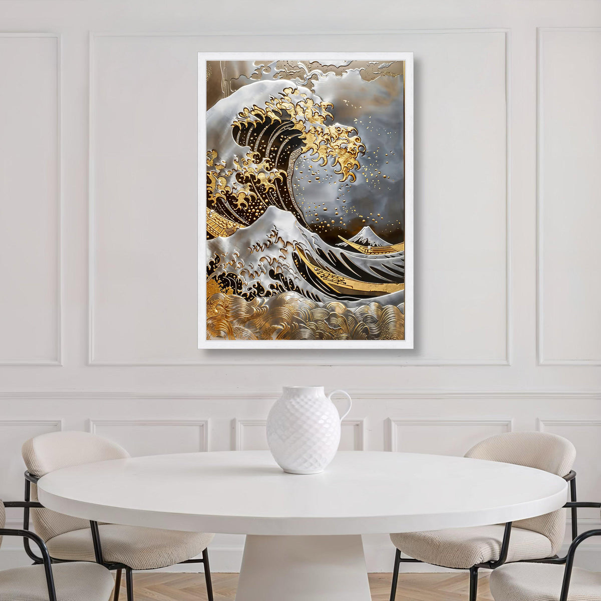 Golden Wave Canvas Print, Japanese Seascape Art, Modern Metallic Home Decor