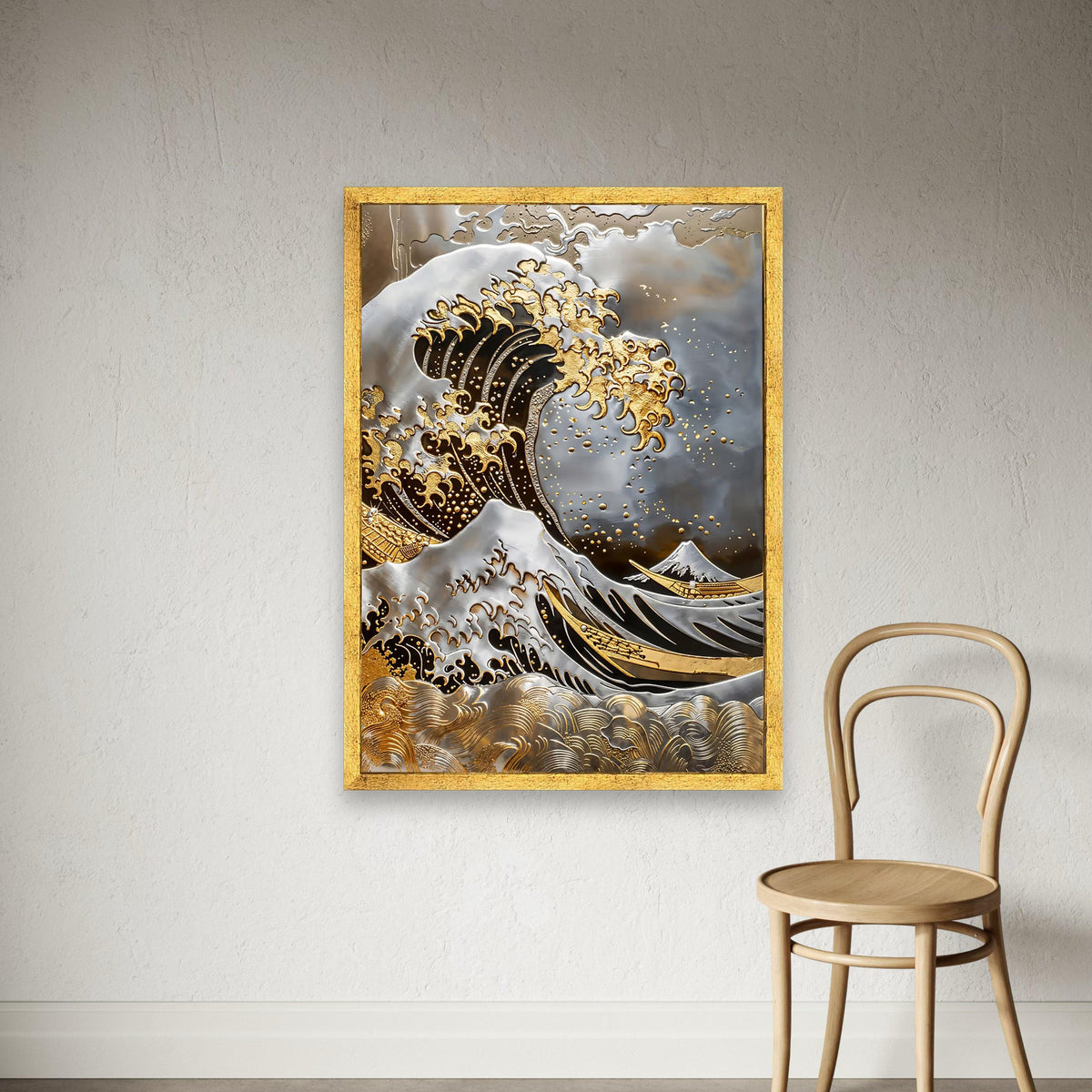 Golden Wave Canvas Print, Japanese Seascape Art, Modern Metallic Home Decor