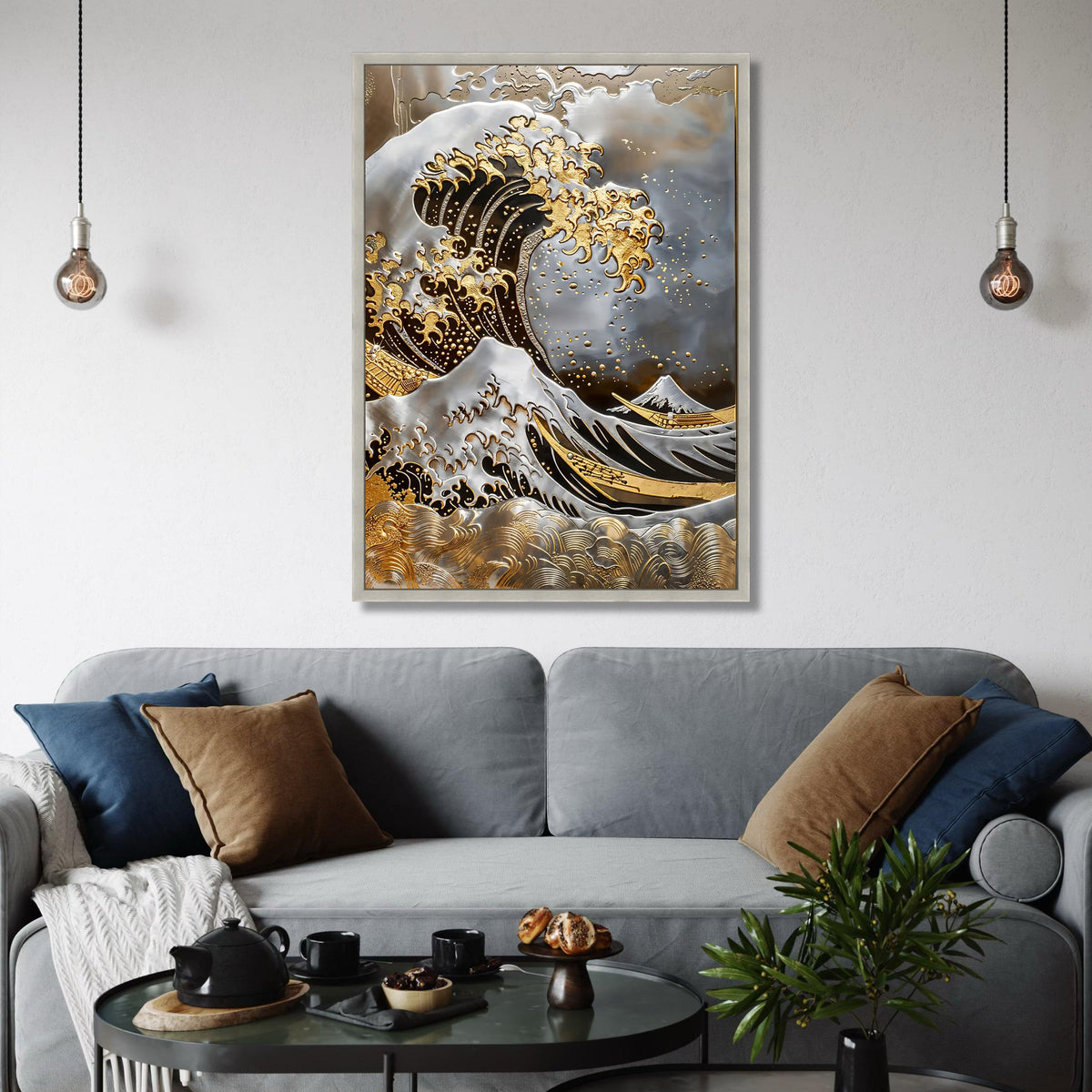 Golden Wave Canvas Print, Japanese Seascape Art, Modern Metallic Home Decor