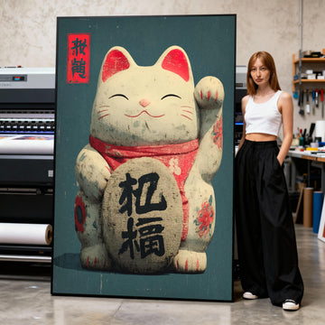 Lucky Cat Canvas Art, Japanese Maneki Neko Painting, Asian Decor