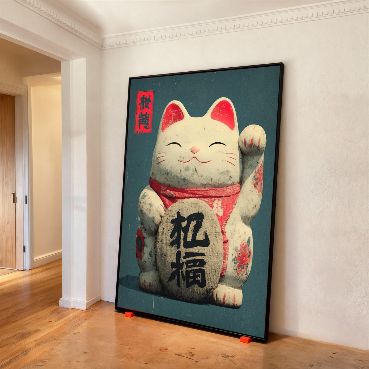 Lucky Cat Canvas Art, Japanese Maneki Neko Painting, Asian Decor