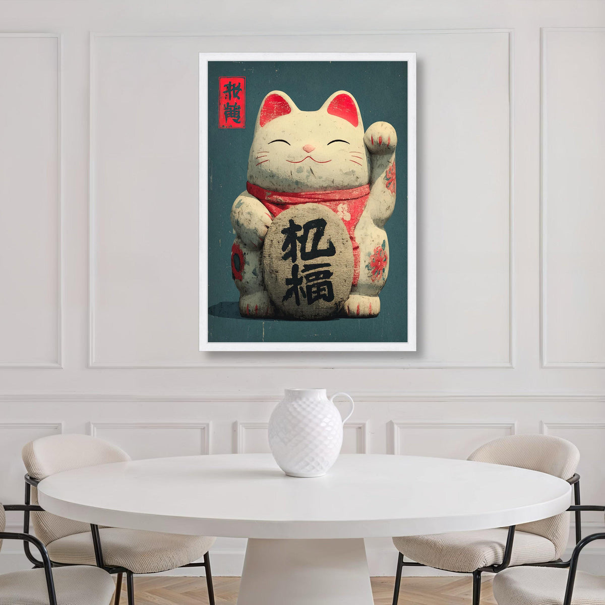 Lucky Cat Canvas Art, Japanese Maneki Neko Painting, Asian Decor