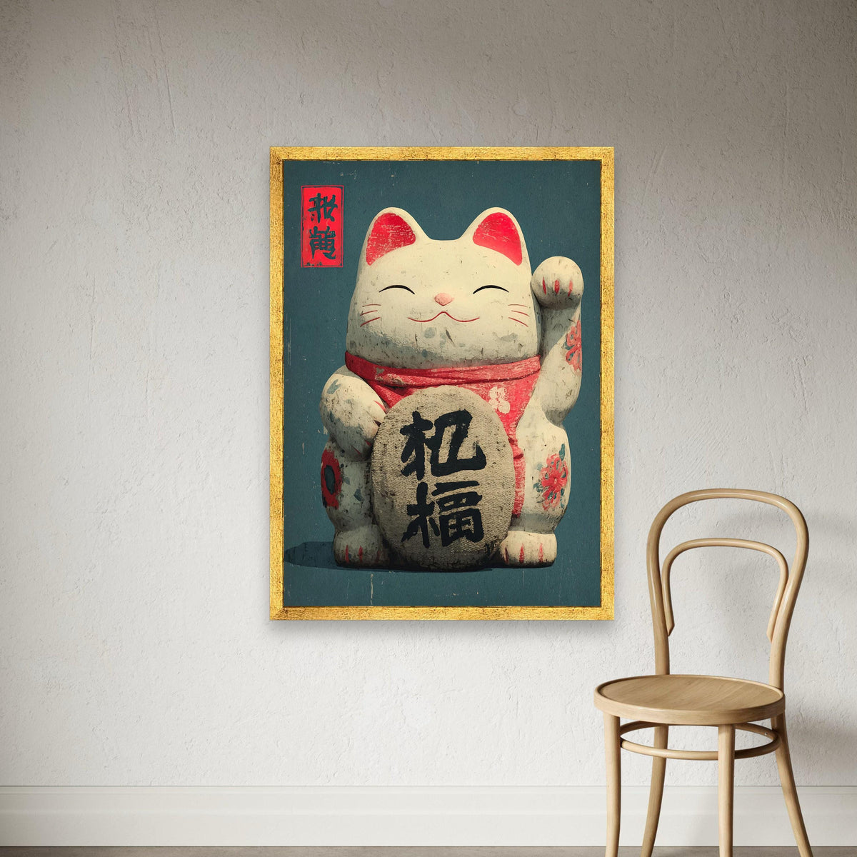 Lucky Cat Canvas Art, Japanese Maneki Neko Painting, Asian Decor